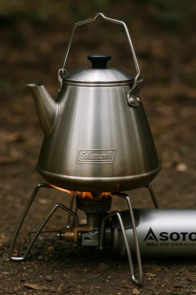 SOTO ST-310の上にコールマンのケトルを載せ屋外で湯沸かししている様子