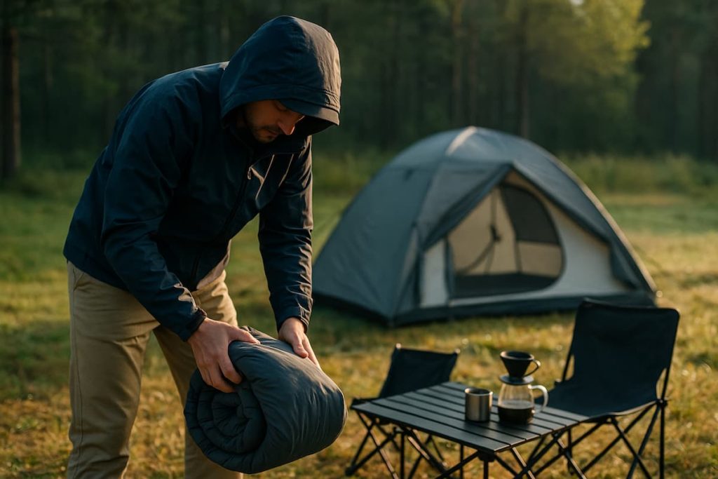 朝焼けの中、ソロキャンパーがテントを片付ける様子を後ろ姿で捉えた写真。地面には収納袋があり、空には柔らかな朝の光が広がっている。