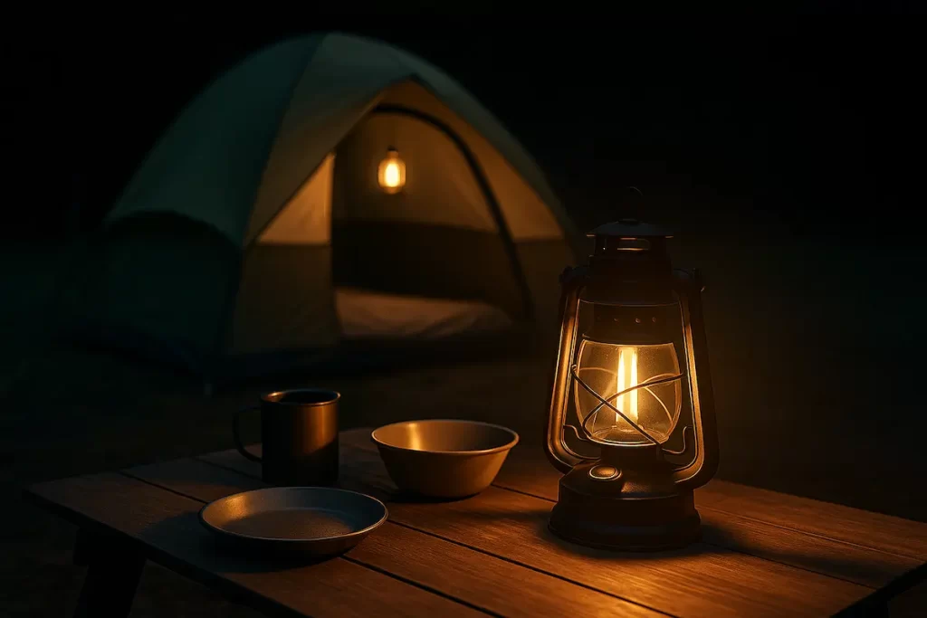 夜のキャンプサイトを写した写真風イメージ。手前の木製テーブルにはランタンと金属製マグ・ボウルが並び、奥には暖かい光を放つドーム型テントが設営されている。