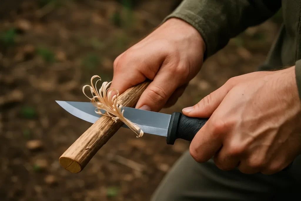 ナイフでフェザースティックを削っている手元の写真。木材表面に薄くカールした削りくずが連続して広がっている様子。