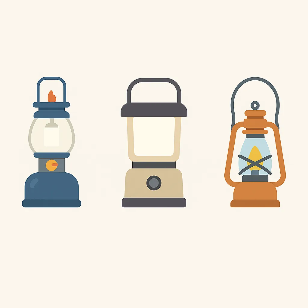 ガス・LED・オイルの3種類のランタンが横に並んだイラスト