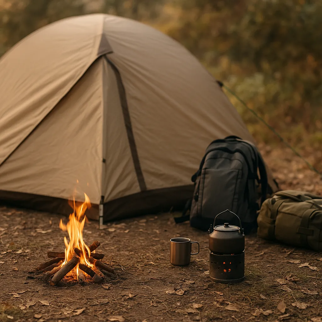 小型の焚き火と荷物に囲まれたキャンプサイトの写真。テントの前にはバーナーやクッカー、バックパックなどが整然と並び、実際のバイクキャンプの生活感が表現されている。