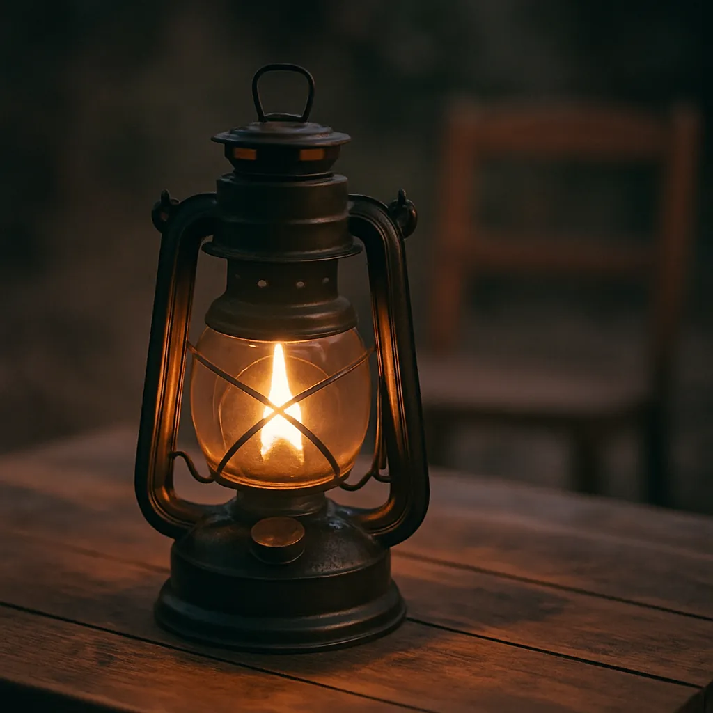 木製テーブルの上に置かれたアンティーク調のオイルランタンが、柔らかい炎の光で周囲を照らす夕暮れの雰囲気ある写真。