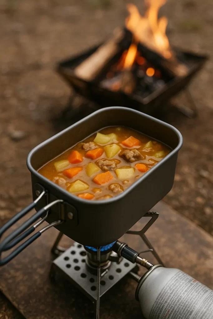 メスティン型クッカーでカレーを調理している様子。バーナーの上で煮込まれており、奥には焚き火も見える。