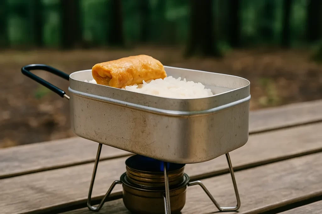 メスティンの中に炊きたてのご飯と卵焼きがのっており、アルコールバーナーの上で加熱されている様子