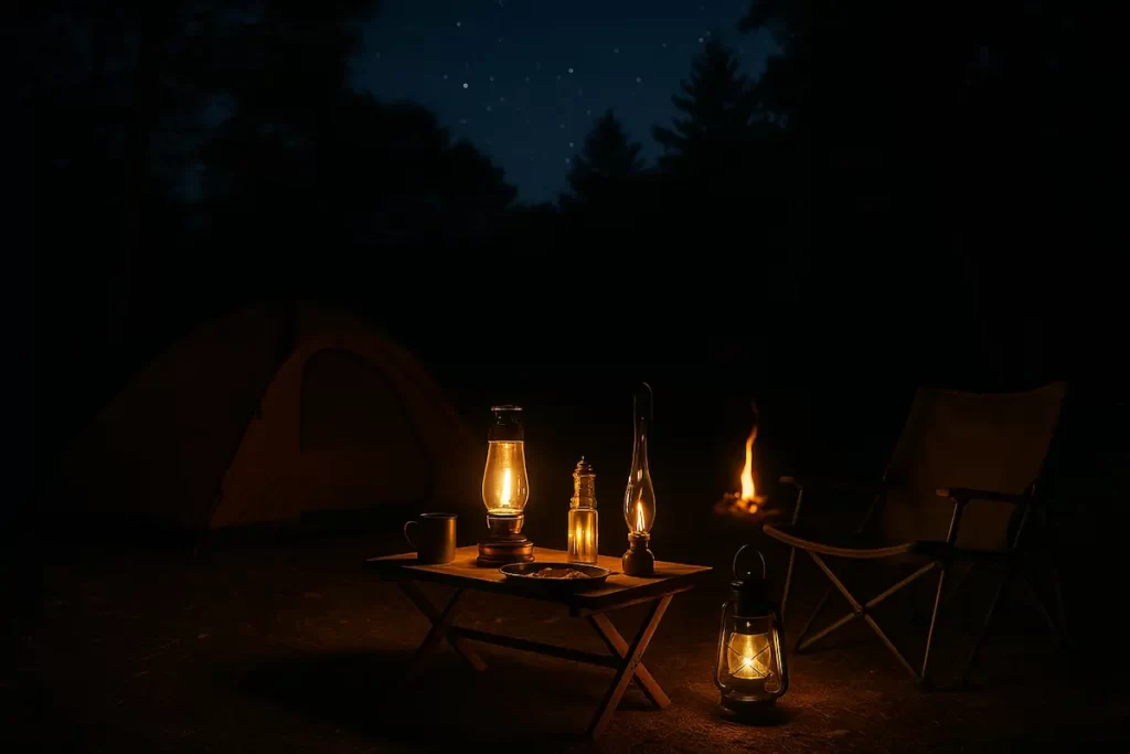 夜の森のキャンプサイト。小型テントとテーブルを中心にランタンが灯され、暖色の光が静かに広がる写真風の風景。