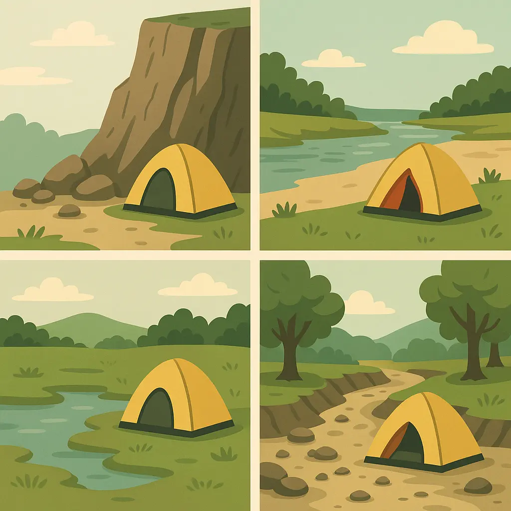 4分割のイラストで危険なキャンプ設営場所を表現。崖下のテント、川の中洲に建つテント、水がたまる窪地のテント、大木の下にあるテントが描かれている。
