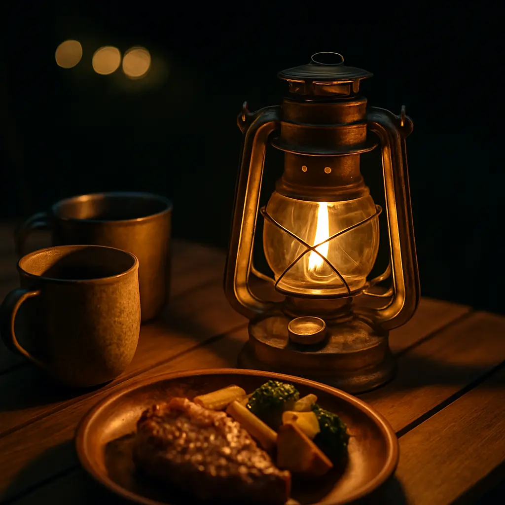 木製テーブルの上に置かれたオイルランタンが柔らかな炎を灯し、横にはカップとキャンプ料理が並ぶ写真風の夜のシーン。