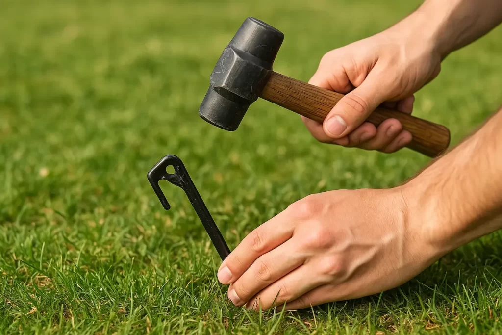 芝生の地面にテント用ペグを45～60度の角度で打ち込んでいる手元の様子。木製ハンマーでペグを叩いている。