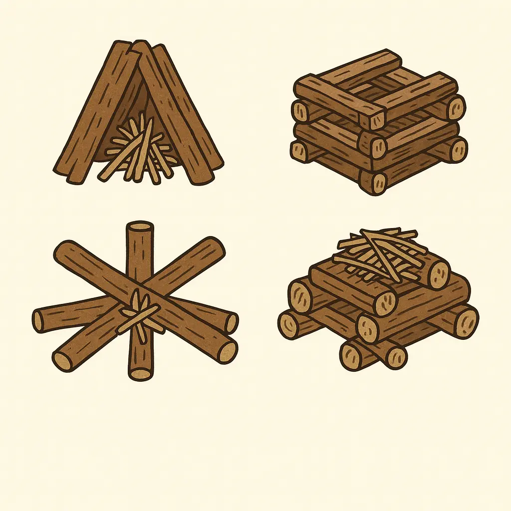 ティピー型・井桁型・星型・トップダウン型の4種類の焚き火における薪の組み方を並べたイラスト。中央に焚き付けを置き、それぞれ異なる形状で薪を配置した様子を描写。