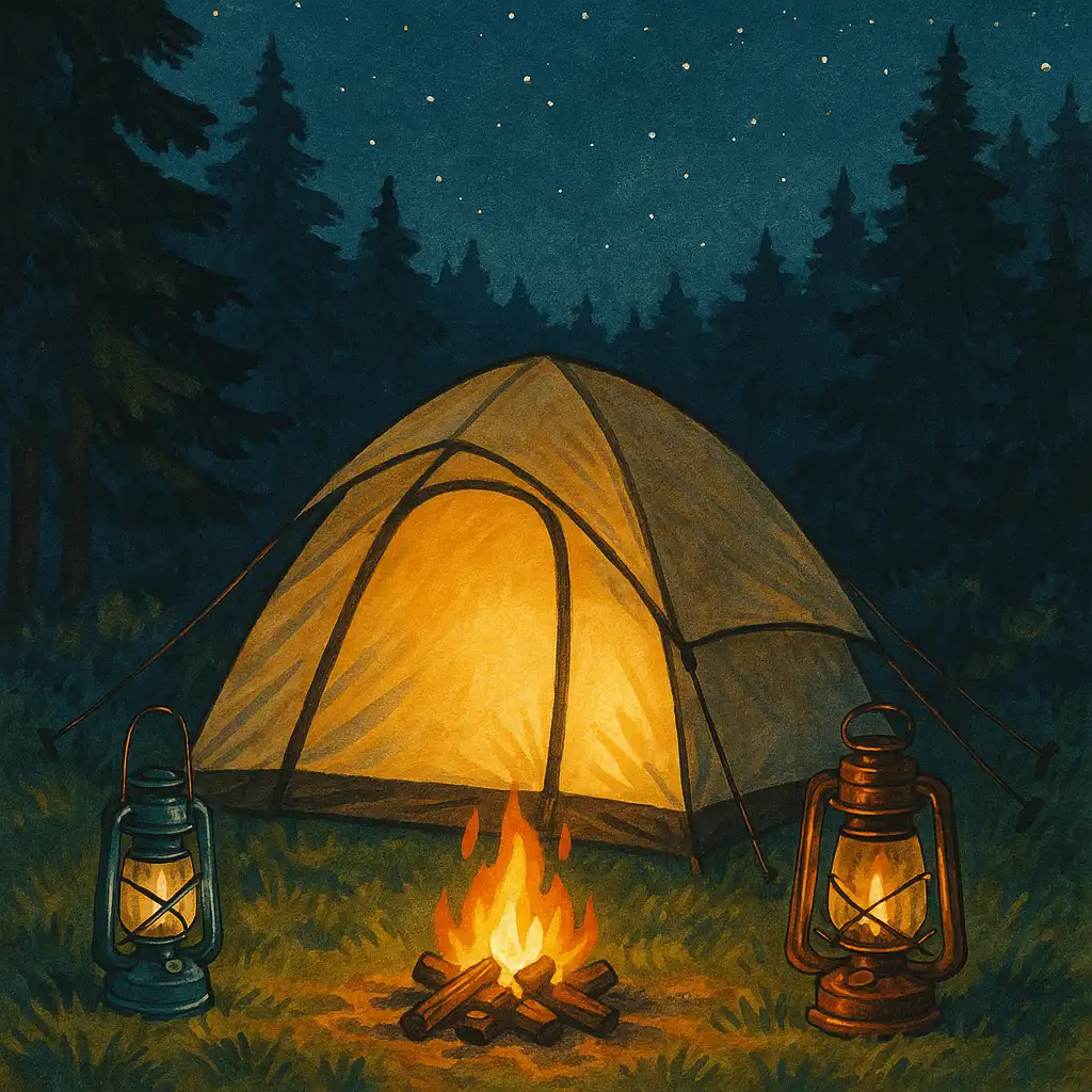 夕暮れのソロキャンプサイト。テーブル上に小型LEDランタン、奥にガスランタンとオイルランタンが配置され、暖色の光が柔らかく広がるイラスト。