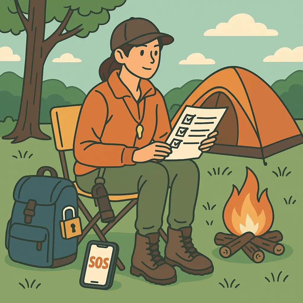 女性ソロキャンパーがチェックリストを確認しながら防犯意識を高めるキャンプ風景。テントと焚き火、バックパックと防犯グッズが整然と配置された安全なサイト