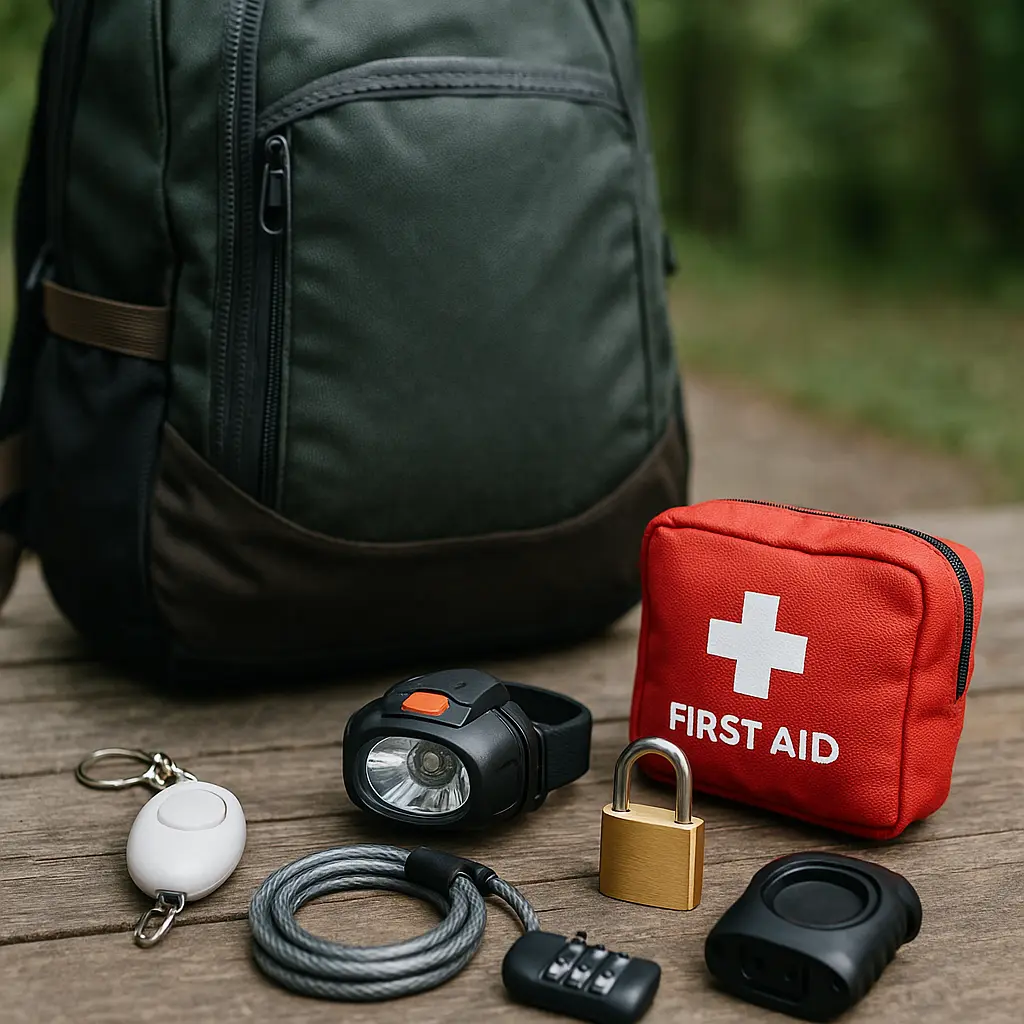 ソロキャンプ用に準備された防犯ブザー、ヘッドランプ、南京錠、ワイヤーロック、救急ポーチとバックパックが並んでいる様子