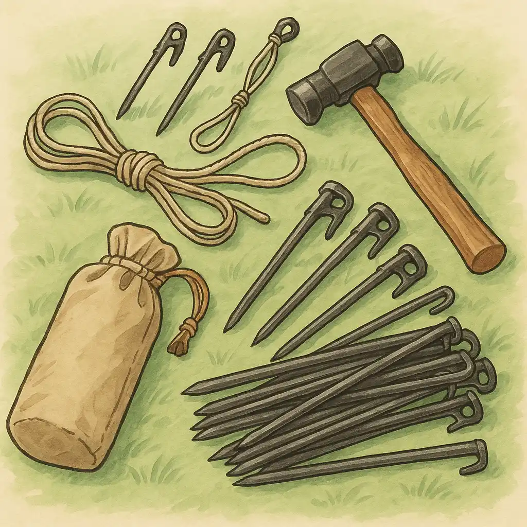 芝生の上に並べられたキャンプ用のペグ、ハンマー、張り綱、収納袋を描いたイラスト。