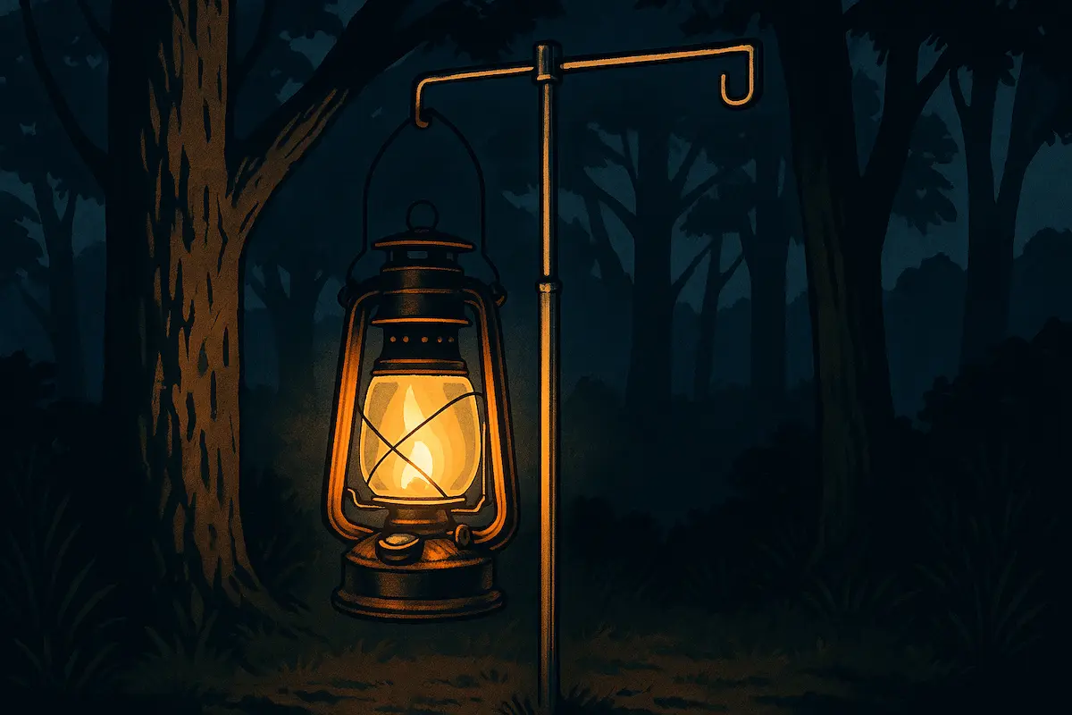 キャンプサイトでランタンスタンドに吊るされたDietz 90オイルランタンが柔らかく光を灯している様子。背景には自然の木々が広がり、夜の雰囲気を演出しているイラスト風描写