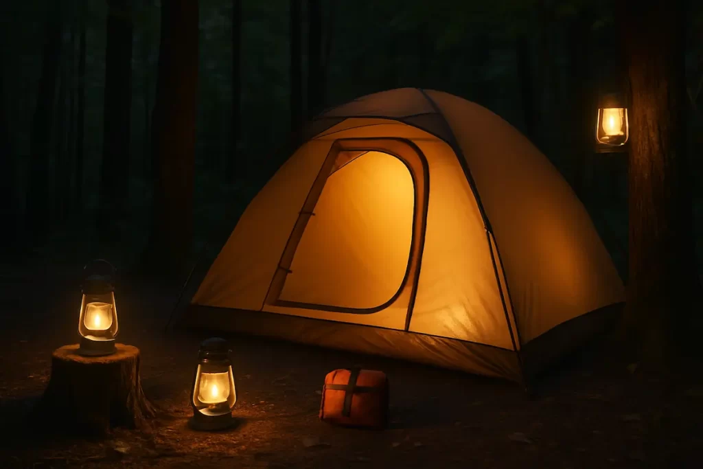 夜間にランタンを配置して防犯対策されたキャンプサイト