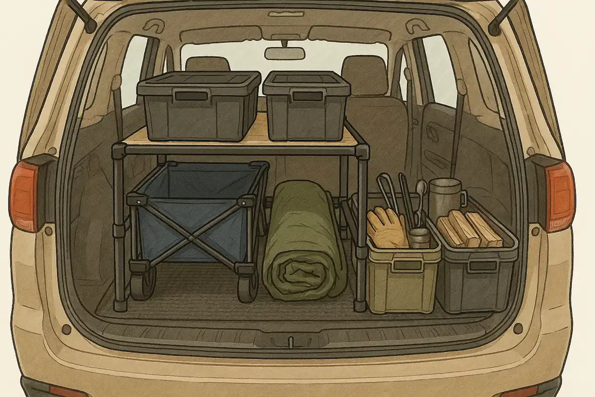キャンプ道具を車の荷室に整理して積み込んでいるイラスト。イレクターパイプ棚の上下にコンテナやテント、クーラーボックスなどを効率よく配置した様子を描いたフラットスタイルのイラスト。