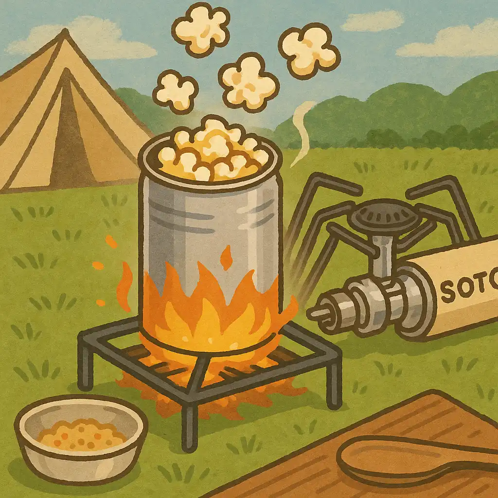 小さなバーナーの上に置かれた缶からポップコーンがはじけている様子を描いたイラスト。背景にはテントと焚き火の光があり、静かなアウトドアの雰囲気を表現している。