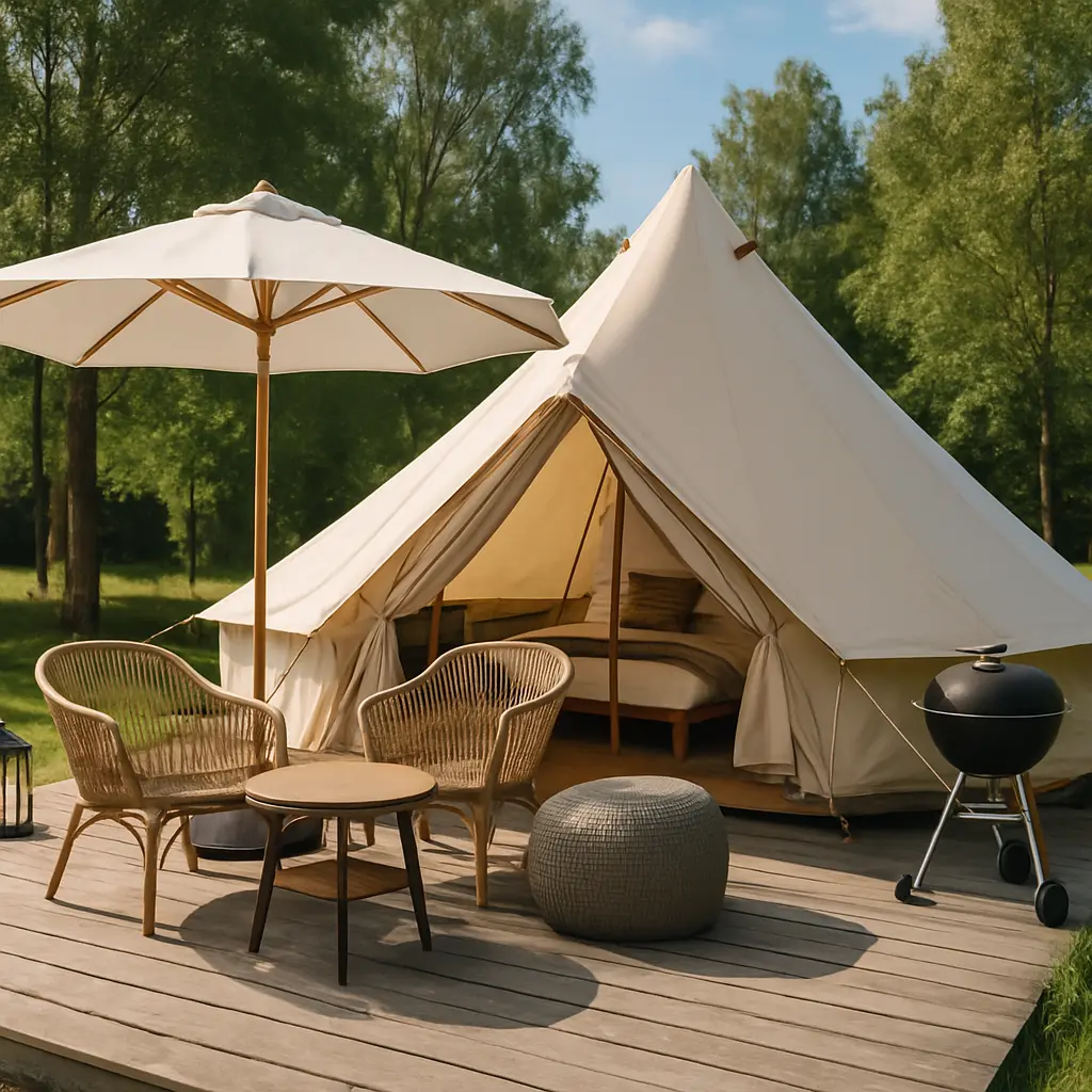 ウッドデッキ上に設置された大きなコットン製ベルテント。内部にはベッドとクッションが置かれ、外にはラタンチェアとテーブル、パラソルが並ぶ。緑の木々に囲まれたリゾート感あるグランピングサイトの写真。