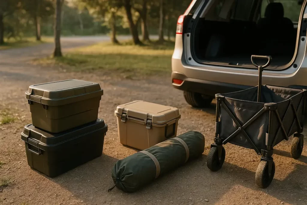 車の横でキャンプ道具を地面に整然と並べている写真風イメージ。テントバッグ、クーラーボックス、コンテナ、キャリーワゴンなどを積み込み前に整理している様子を昼間の自然光で描写している。