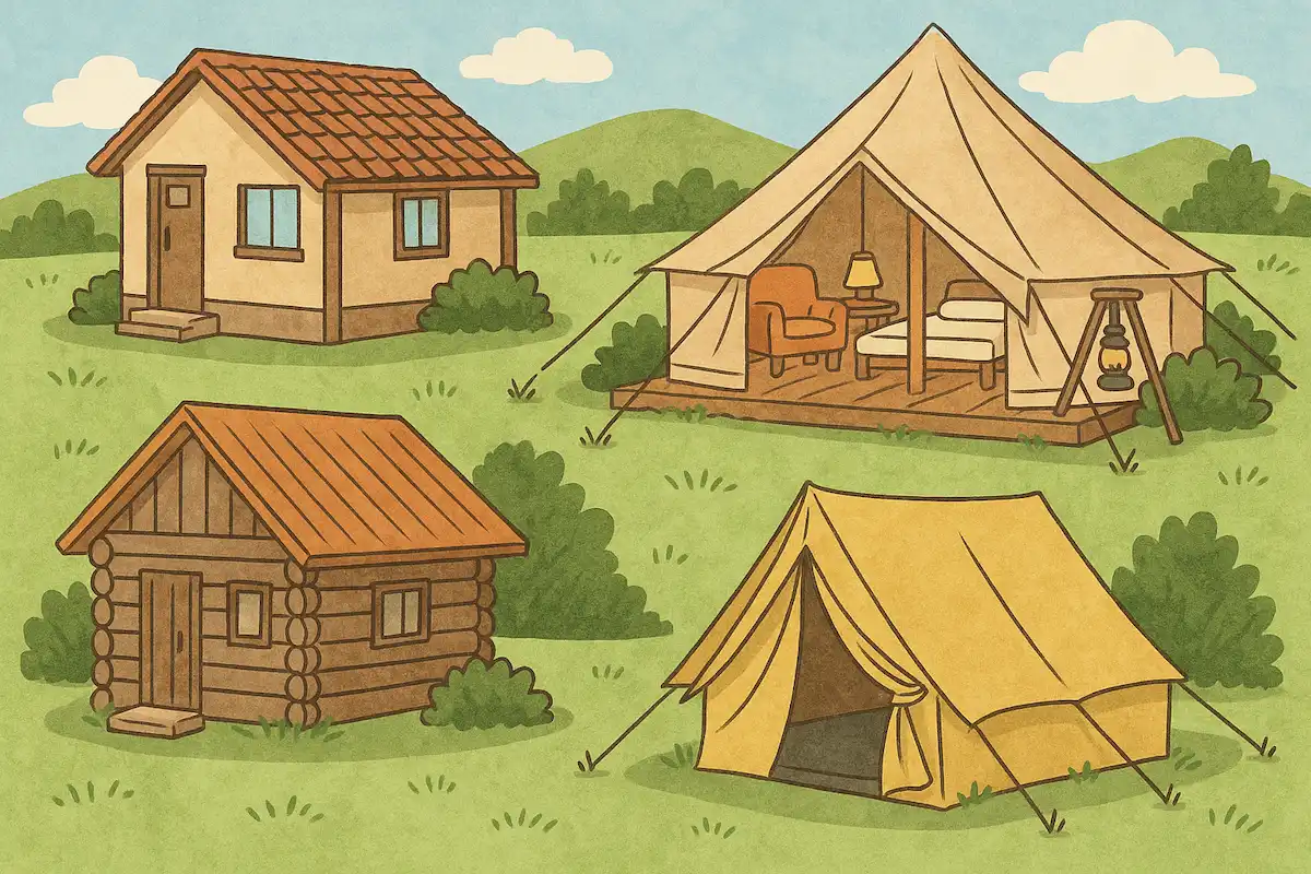 木々に囲まれたキャンプ場で、コテージ・バンガロー・常設テント・グランピングテントが並ぶ様子を描いたイラスト。自然の中で多様な宿泊スタイルを楽しむ雰囲気を表現した構図。