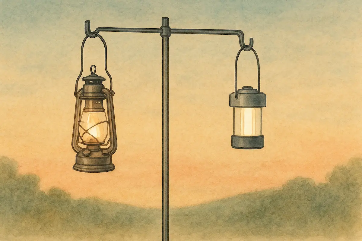 夕暮れの空を背景に、UJackダブルランタンスタンドの両端フックに2つのランタンが吊るされたイラスト。左右に均等に配置され、シンプルで温かみのある構図。