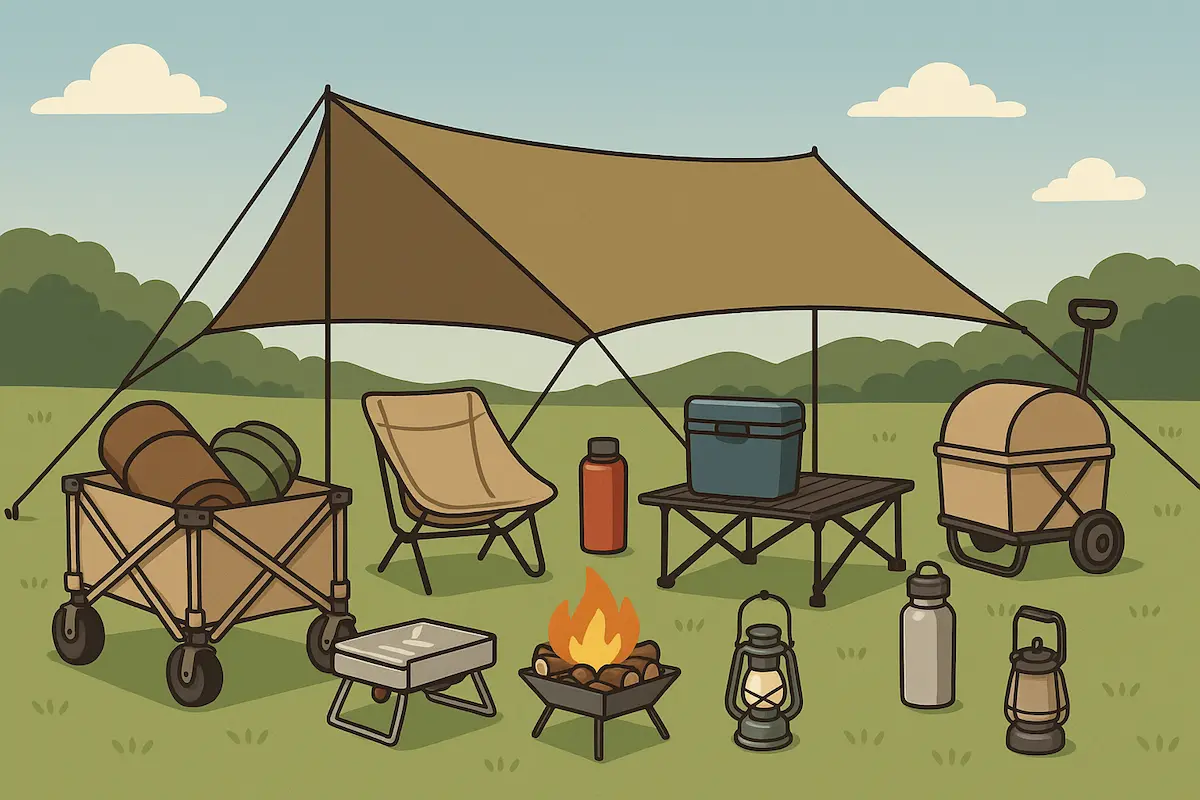 ファミリーキャンプのサイトに設営されたテントとタープの下に、ランタン・クーラーボックス・キャリーワゴン・焚き火台などのギアが整然と並ぶ様子を描いたイラスト。持ち運びやすさと快適さを両立したキャンプ装備のイメージ。