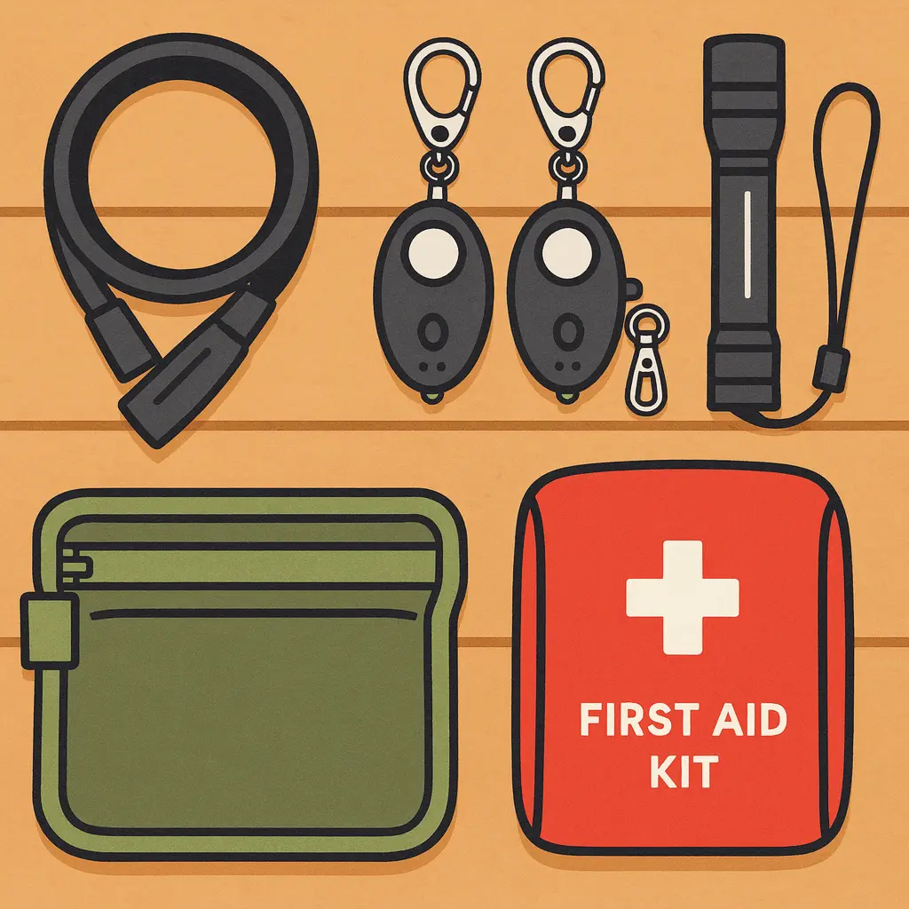 キャンプで役立つ防犯ブザー、ヘッドランプ、ワイヤーロック、セキュリティポーチ、ファーストエイドキットが木のテーブルの上に並べられているイラスト