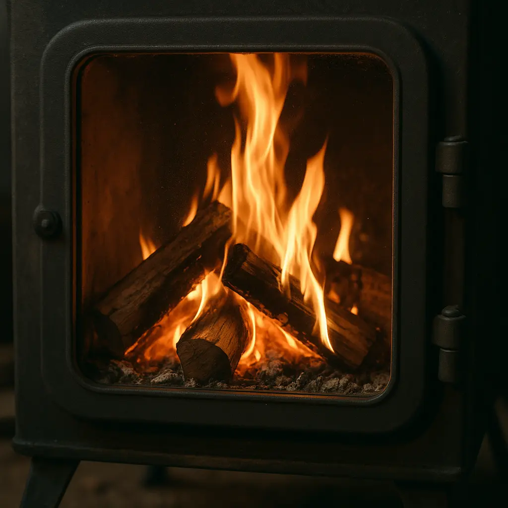 薪ストーブのガラス扉越しに見える炎のクローズアップ写真。燃える薪が明るく揺らめき、金属製ストーブの内部が温かい光で照らされている様子を捉えた。