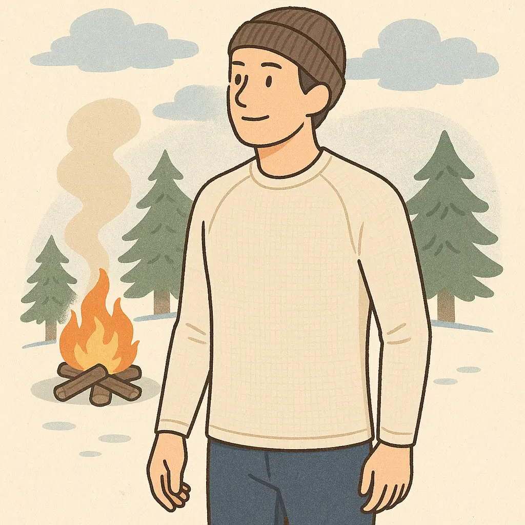 冬キャンプの装いとして、インナーやミドルレイヤーを重ね着した男性キャンパーが焚き火のそばで温まっているイラスト