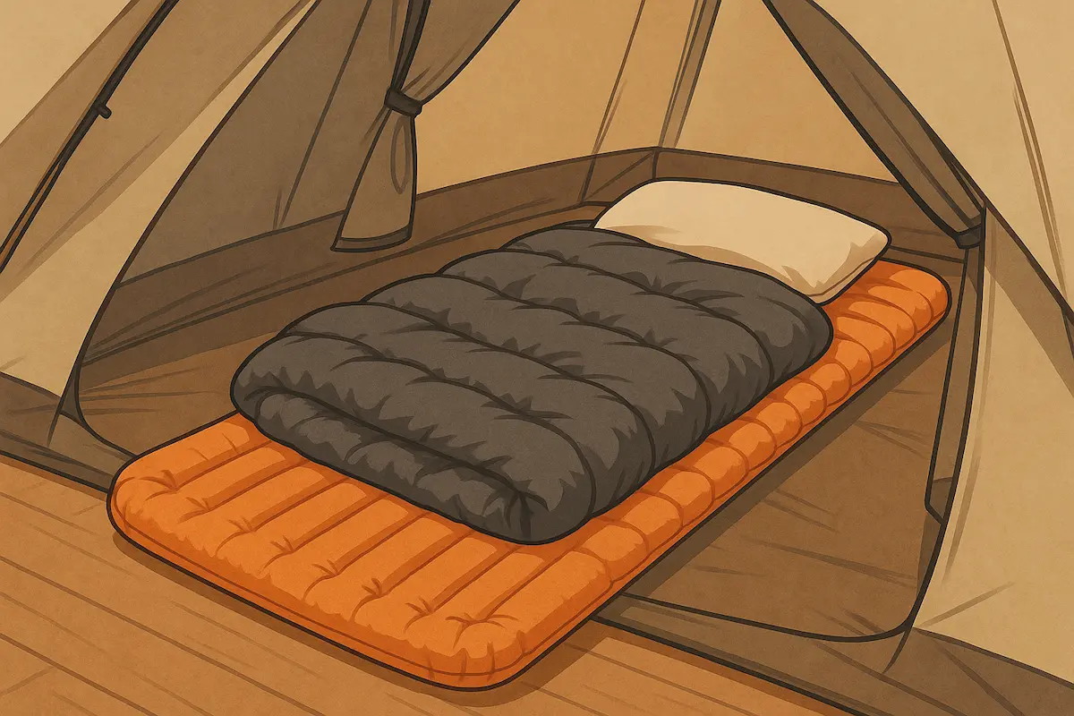 冬のテント内部に敷かれたマットと冬用寝袋が並ぶ就寝スペースを描いたイラスト。落ち着いた照明の中、底冷え対策を意識した冬キャンプの寝床環境が表現されている。