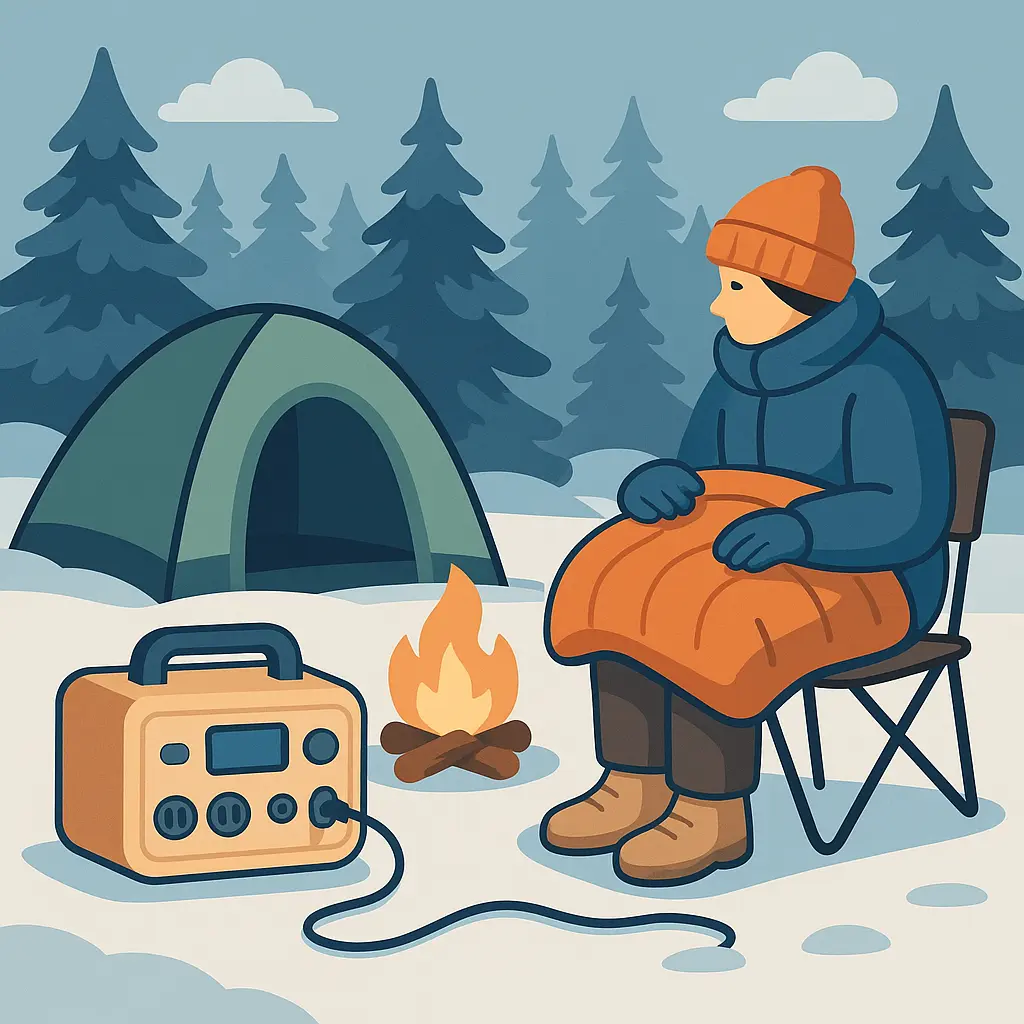 冬のキャンプサイトで、雪の中に置かれたポータブル電源と電気毛布、ランタンなどのギアが並ぶイラスト。夜の静かな森林と柔らかな光が、冬キャンプの電源利用の雰囲気を表現している。