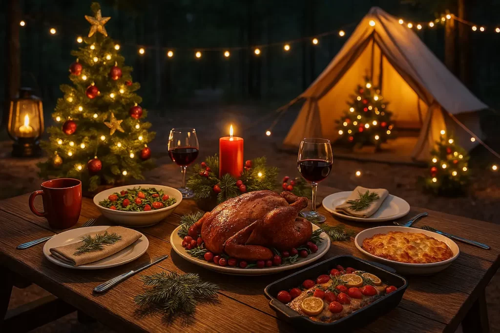 クリスマスキャンプの夜、ランタンの暖かな灯りに照らされたテーブルに、ローストチキンや前菜、ワインなどの華やかな料理が並ぶアウトドアディナーの写真風画像。