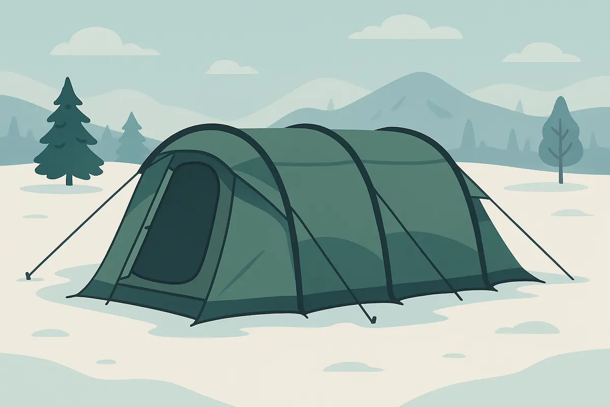 雪のフィールドに設営されたトンネル型テントを描いたフラット調イラスト。冬キャンプらしい静かな景色とテントの形状が分かる構図