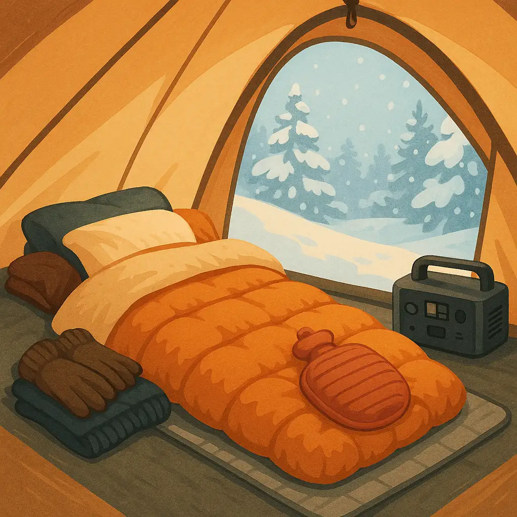 冬キャンプのテント内を描いたイラスト。寝袋とマットが敷かれ、足元には湯たんぽが置かれ、外には雪景色が見える。防寒を意識した寝床づくりの雰囲気を表現した画像。