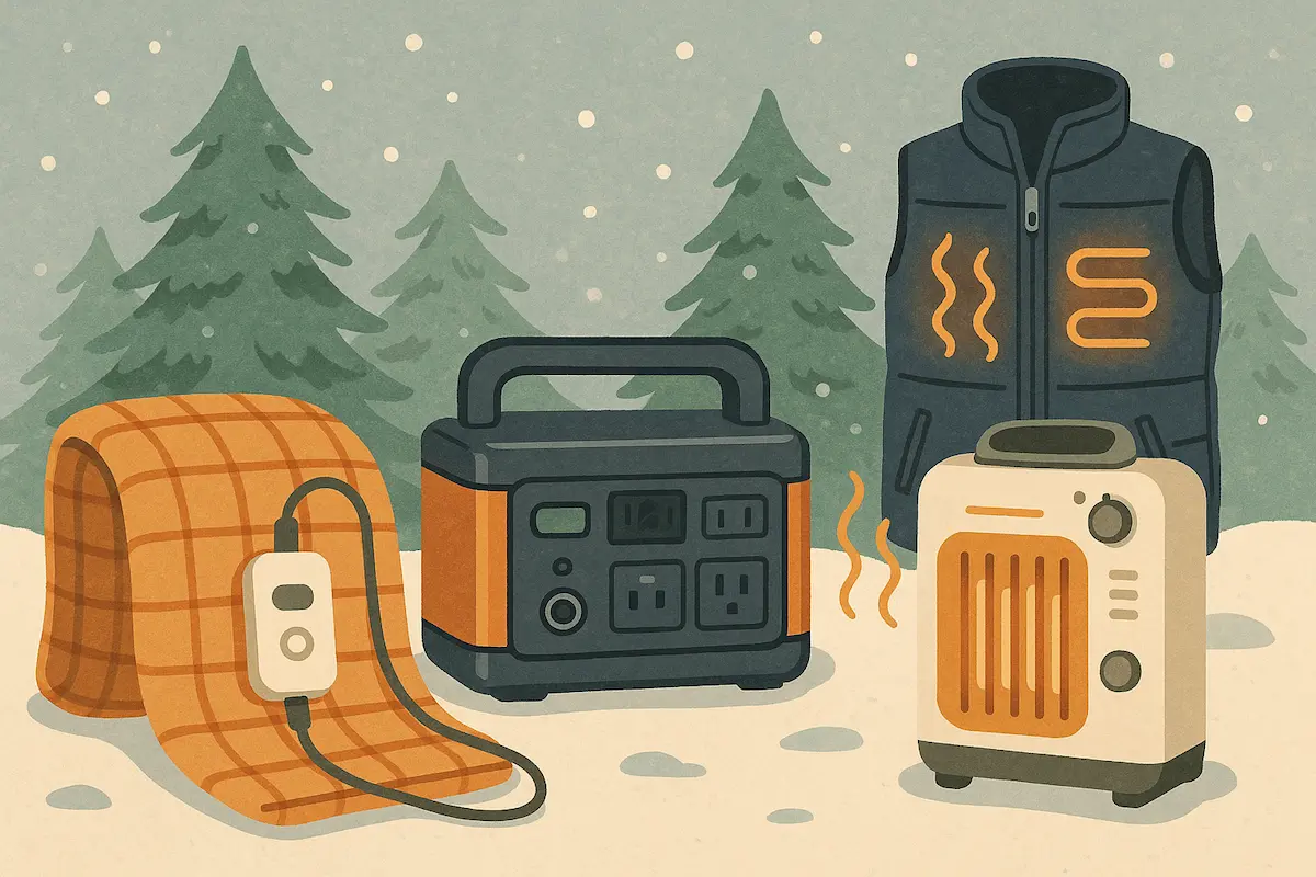 冬のキャンプサイトで、テントの中に設置された電気毛布とポータブルヒーターで暖を取る様子を描いたイラスト。寝袋やポータブル電源が並び、外には雪が積もる静かな夜の雰囲気が広がっている。