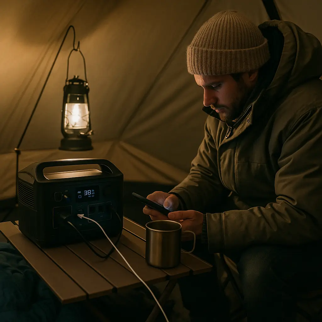 冬のキャンプで、テント内に置かれたポータブル電源と電気毛布、LEDランタンを使って暖を取る様子を写した写真風画像。