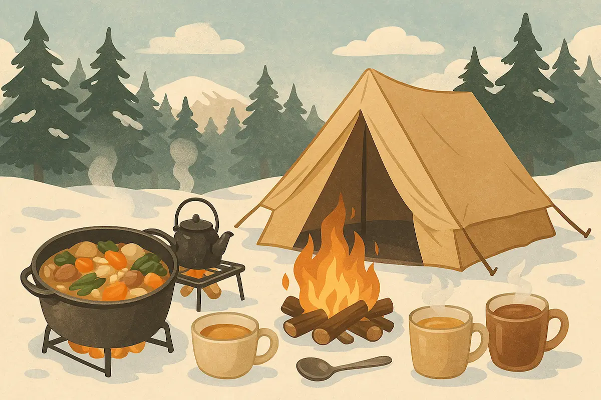 雪景色の林間サイトで、焚き火のそばに鍋料理とホットドリンクを並べた冬キャンプのイラスト。ベージュのテントと積雪した木々が描かれ、温かい食事の雰囲気が伝わる情景。