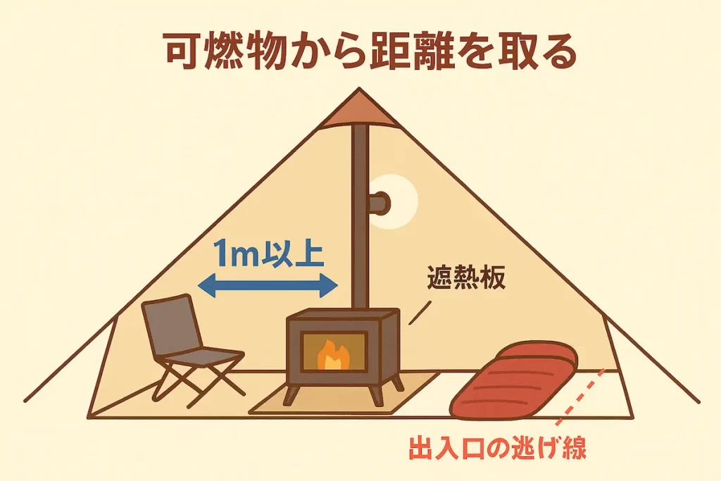 テント内で薪ストーブを安全に設置するためのレイアウト模式図。