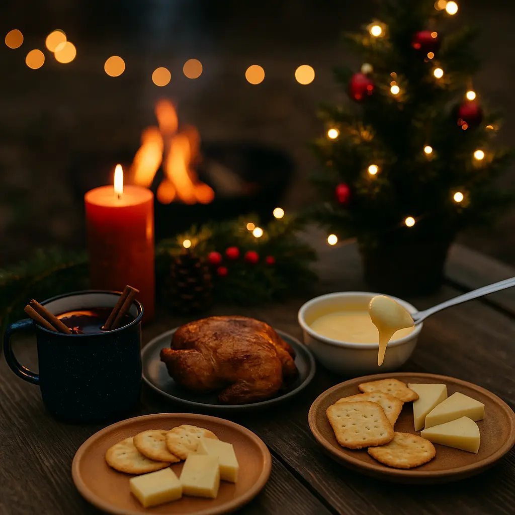 焚き火の灯りがゆらめくキャンプサイトで、ローストチキン、チーズフォンデュ、クラッカー、ホットワインなどの簡単クリスマス料理がテーブルに並ぶ写真風のクリスマスキャンプ風景。