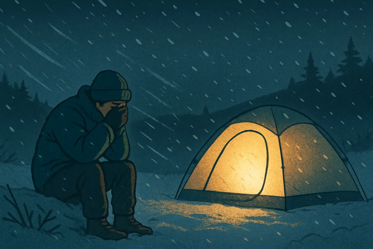 強い冷風と雪が降る冬の夜、冷え込む外気の中でテント前に座り込むキャンパーの様子を描いたイラスト。低体温症の危険性と冬キャンプの厳しい環境を表現したシーン。