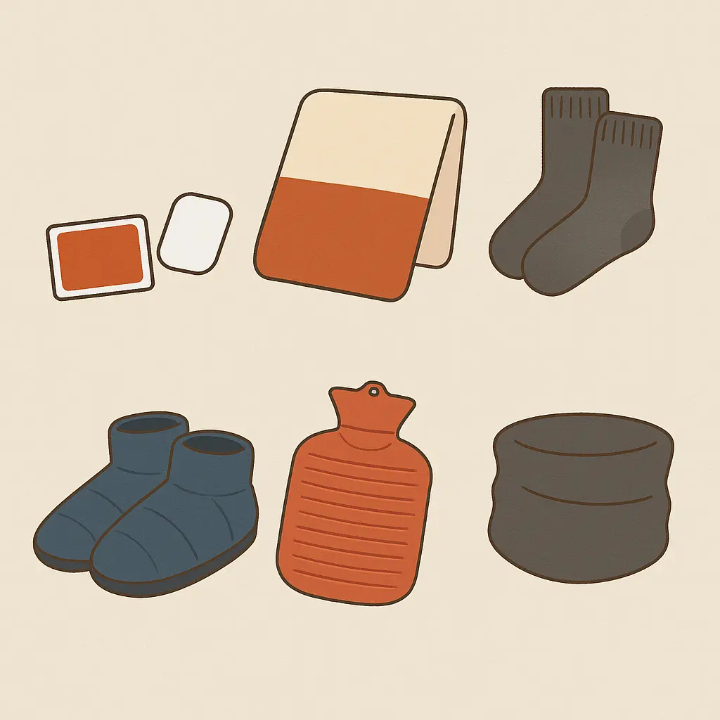 冬キャンプで使う防寒小物を並べたイラスト。カイロ、膝掛けブランケット、厚手ソックス、テントシューズ、湯たんぽ、ネックウォーマーが落ち着いた配色で描かれている。