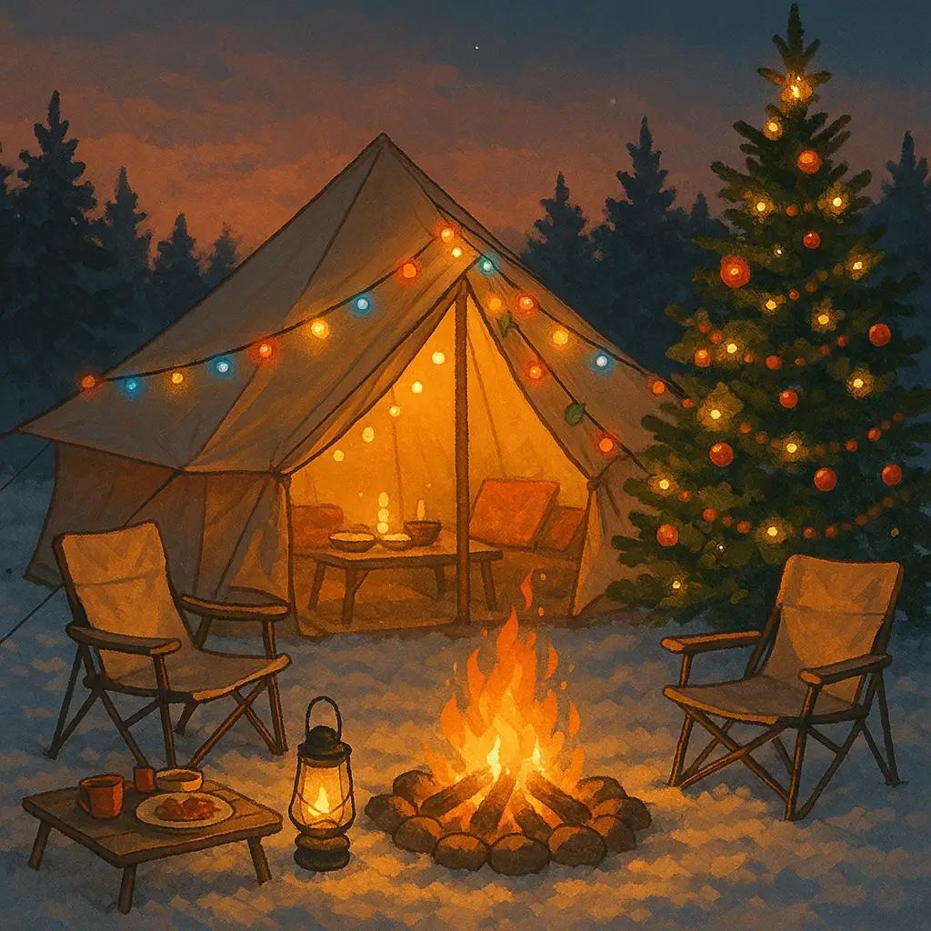 雪の上に立つキャンプサイトで、暖かい灯りが漏れるテントと焚き火、そしてオーナメントで飾られたクリスマスツリーが並ぶクリスマスキャンプの夜景を描いたイラスト。