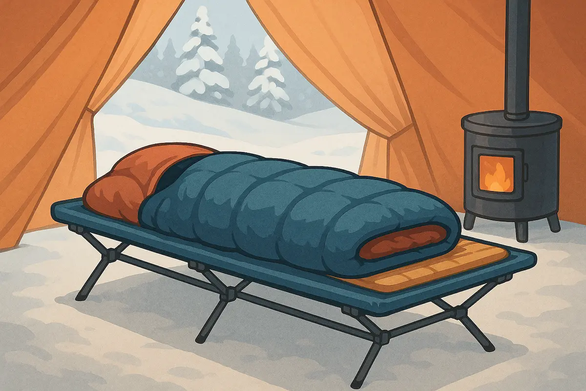 冬のキャンプ場で、雪に囲まれたテント内部にコットと寝袋が静かに並ぶ様子を描いたイラスト