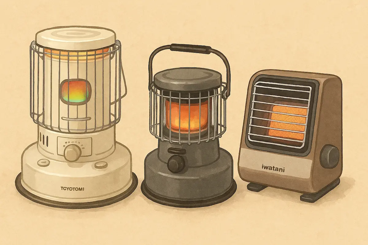 冬のキャンプサイトで、テントのそばに設置された石油ストーブとガスストーブが暖かく灯っているイラスト。軽く雪が積もった地面と、タープの下で安全に配置された暖房器具が描かれている。