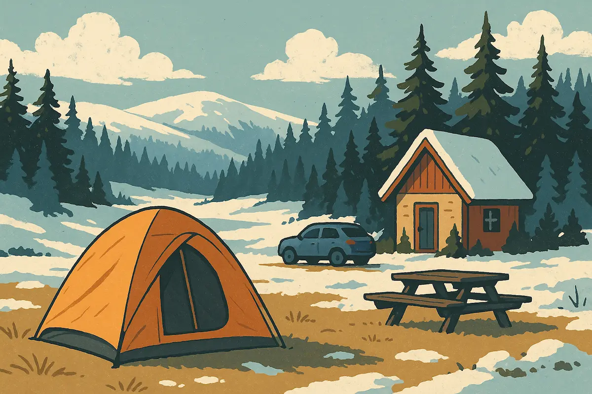 冬のキャンプ場を描いたイラスト。雪の積もる林間エリアにテント、コテージ、車が並び、冬キャンプ向きのロケーションを表現している。