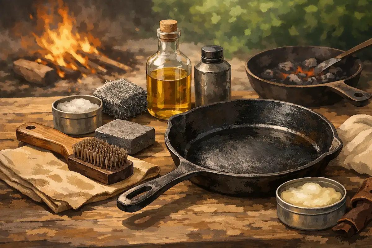 キャンプ場の木製テーブルに置かれた鉄製スキレットと、たわし・油ボトルなど手入れ道具を描いたイラスト