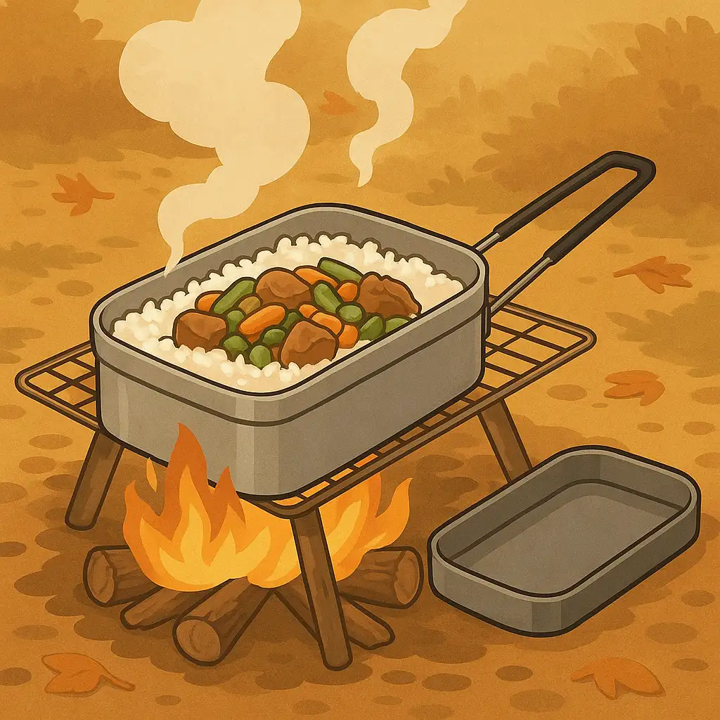 焚き火の上に置かれたメスティンで炊き込みご飯を調理している様子を描いたイラスト。秋のキャンプ場を背景に、木の枝を組んだ焚き火台と湯気の立つメスティンが描かれている。