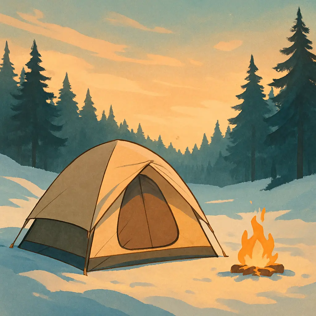 夕暮れの雪原に設営されたテントと焚き火を描いた冬キャンプのイラスト