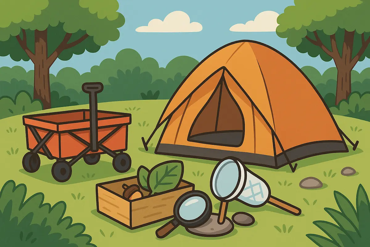 キャンプ場に設置されたオレンジ色のテントとキャリーワゴン、虫取り網や虫眼鏡、木箱に入った自然素材などが描かれた、子ども向け自然遊びをイメージした文字なしイラスト。